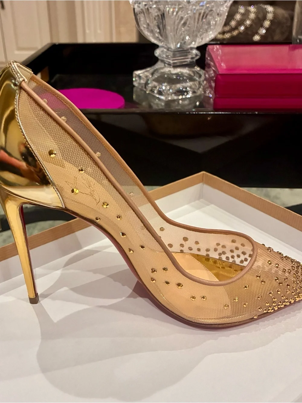 Christian Louboutin Sheer Gold Mesh Crystal-Embellished Pointed Pumps